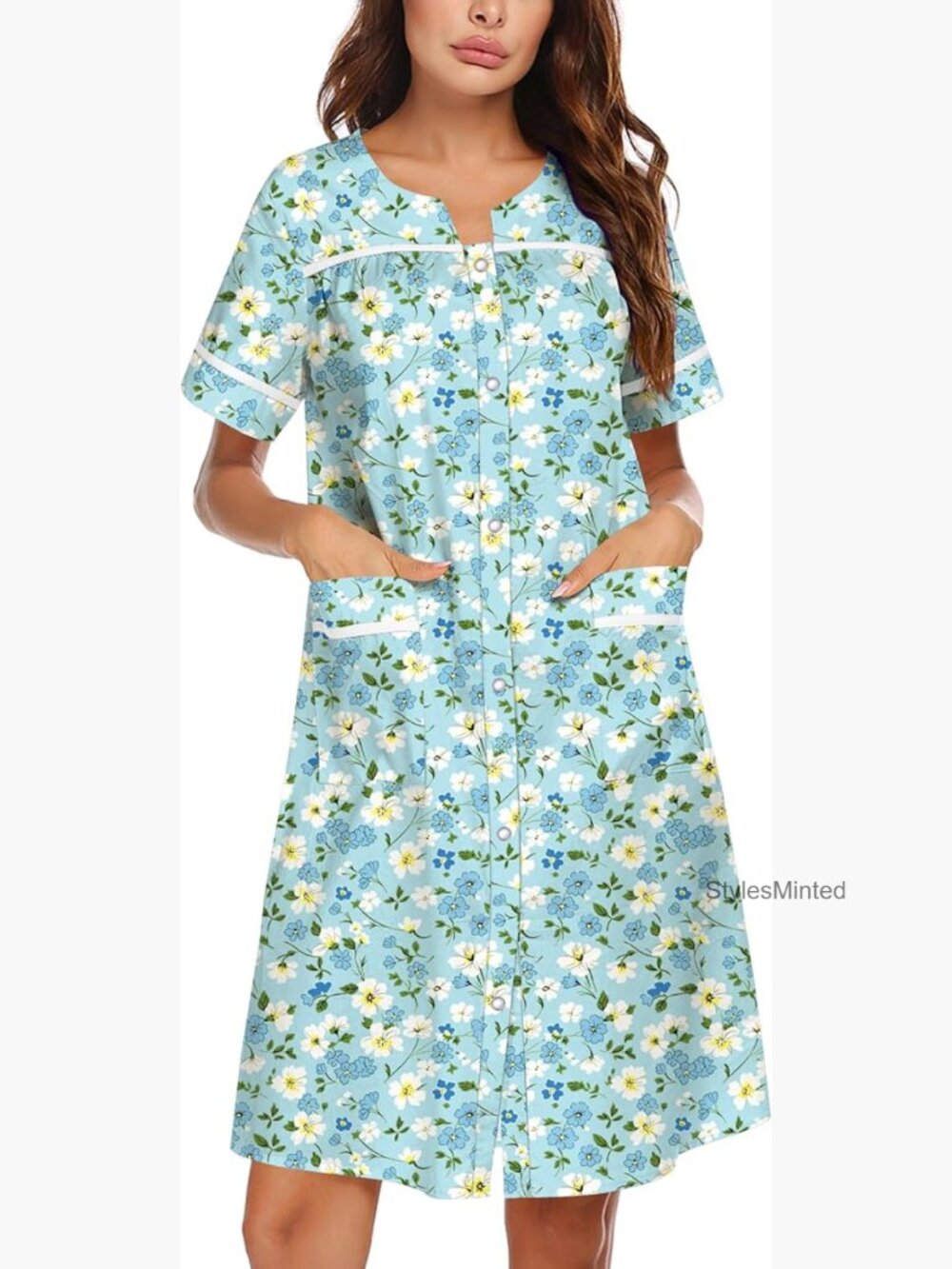 Snap Front Cotton Nightgown with Pockets Short Sleeve House Dress Sleepwear